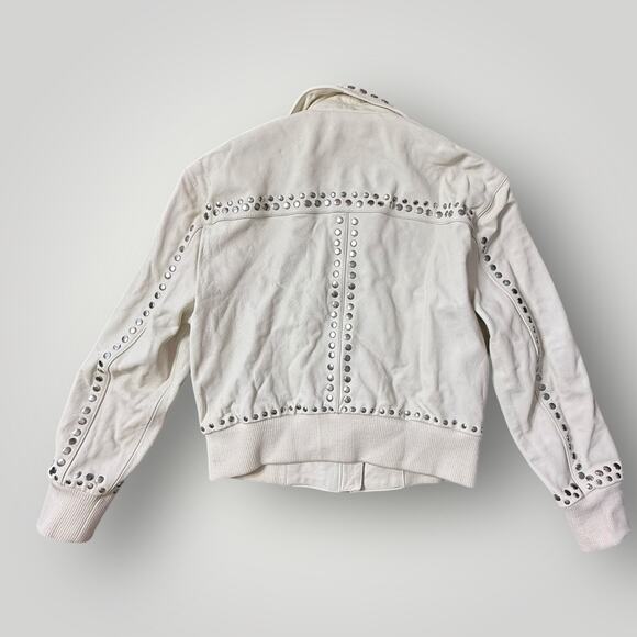 H&M STUDIO sz XL White Real Genuine Leather Studded Zip Biker Jacket 80s 90s - Picture 2 of 10